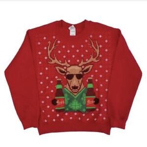 Red Ugly Christmas Sweatshirt Cool Reindeer Beer Bottles Sunglasses Men Size 2XL